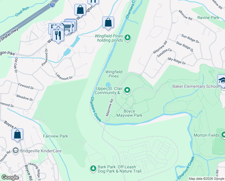 map of restaurants, bars, coffee shops, grocery stores, and more near 1560 Mayview Road in Pittsburgh