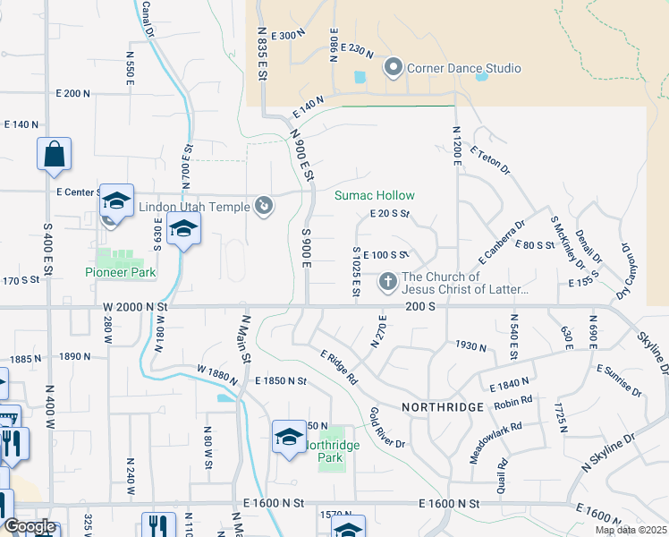 map of restaurants, bars, coffee shops, grocery stores, and more near 958 East 110 South in Lindon