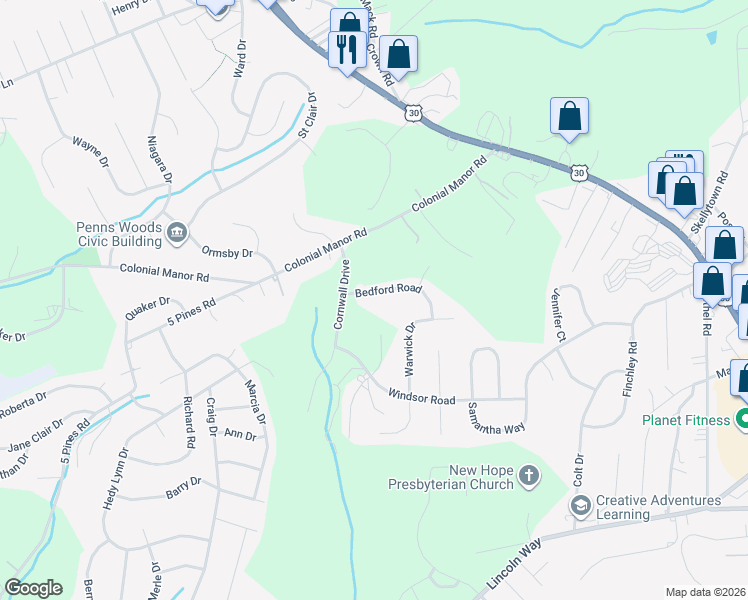 map of restaurants, bars, coffee shops, grocery stores, and more near 1298 Bedford Road in North Huntingdon