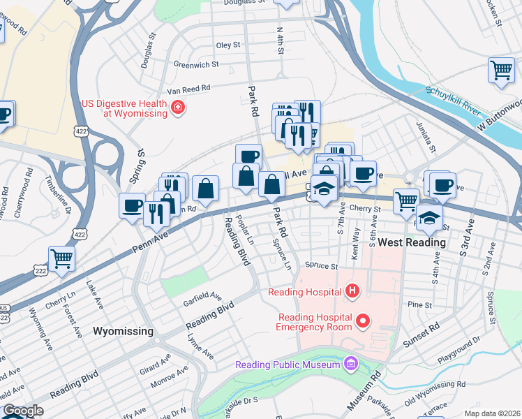 map of restaurants, bars, coffee shops, grocery stores, and more near 924 Penn Avenue in Wyomissing