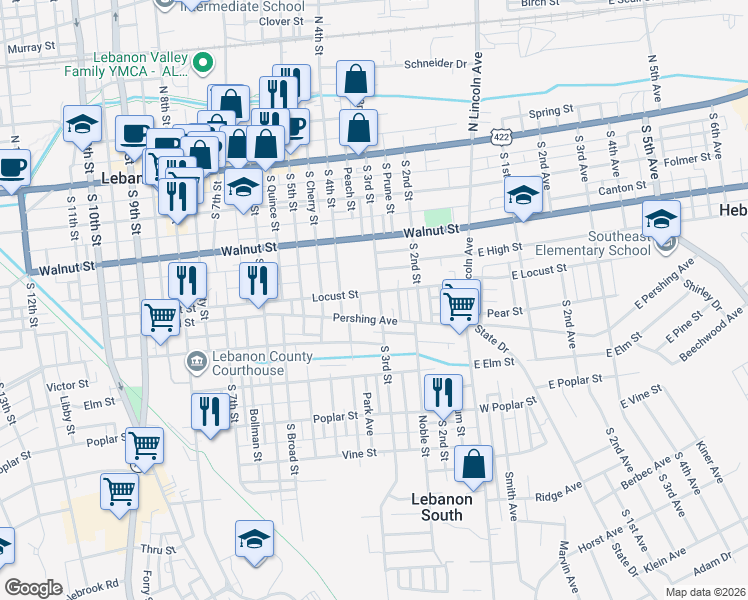 map of restaurants, bars, coffee shops, grocery stores, and more near 310 Park Avenue in Lebanon