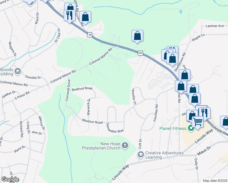 map of restaurants, bars, coffee shops, grocery stores, and more near 3267 Warwick Drive in North Huntingdon