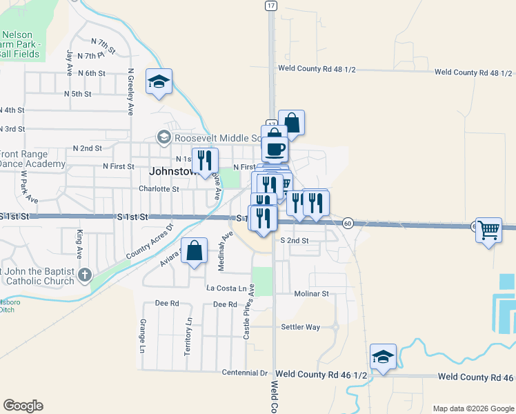 map of restaurants, bars, coffee shops, grocery stores, and more near 113 West South 1st Street in Johnstown