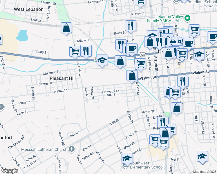 map of restaurants, bars, coffee shops, grocery stores, and more near 220 South 15th Street in Lebanon