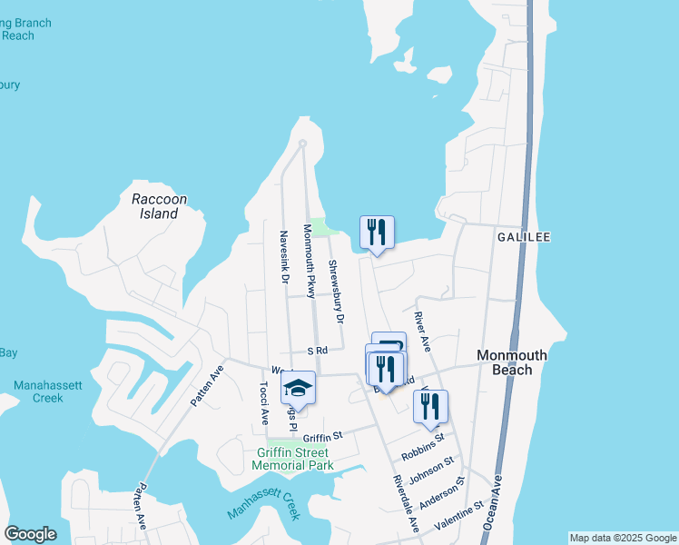 map of restaurants, bars, coffee shops, grocery stores, and more near 25 Shrewsbury Drive in Monmouth Beach