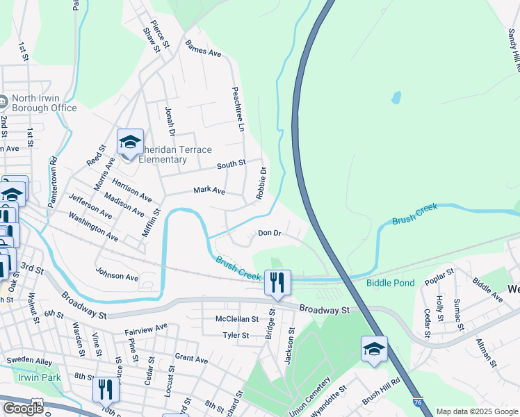 map of restaurants, bars, coffee shops, grocery stores, and more near 1151 Robbie Drive in Irwin