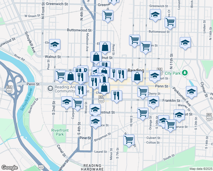 map of restaurants, bars, coffee shops, grocery stores, and more near 600 Penn Street in Reading