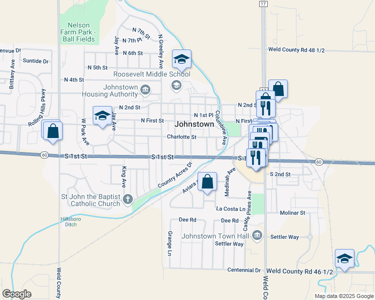 map of restaurants, bars, coffee shops, grocery stores, and more near 22 South Estes Avenue in Johnstown