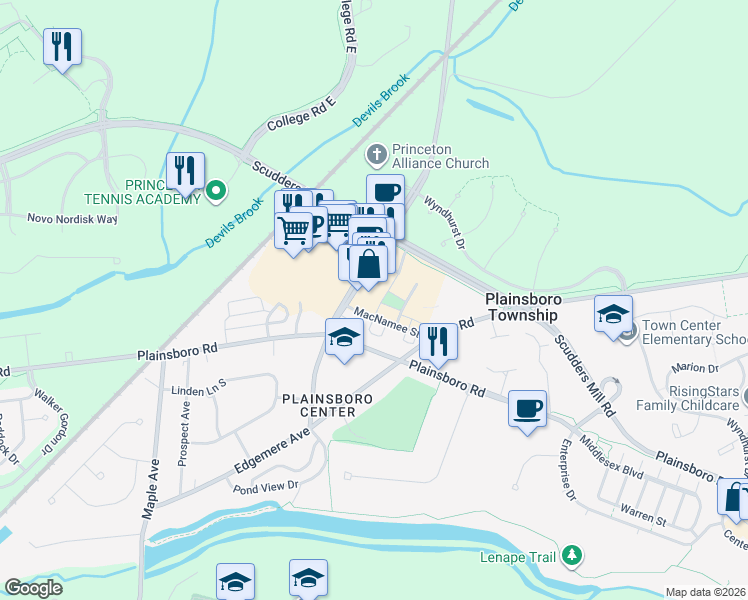 map of restaurants, bars, coffee shops, grocery stores, and more near 5 Market Street in Plainsboro Center