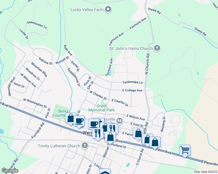 map of restaurants, bars, coffee shops, grocery stores, and more near 600 Stitzer Avenue in Wernersville