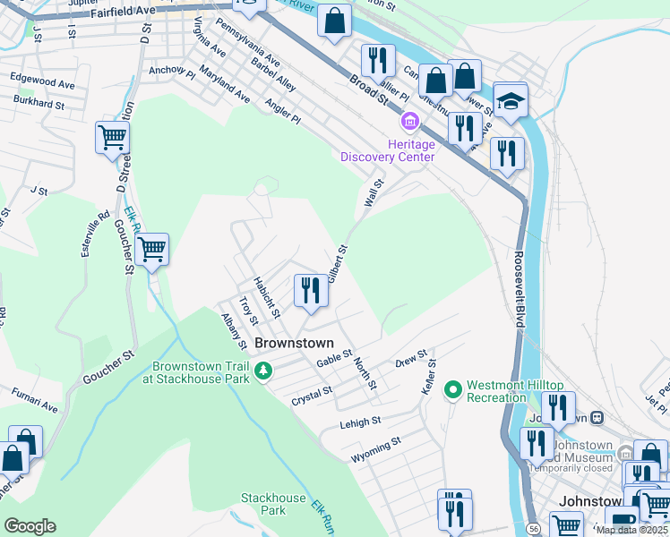 map of restaurants, bars, coffee shops, grocery stores, and more near Gilbert Street in Johnstown