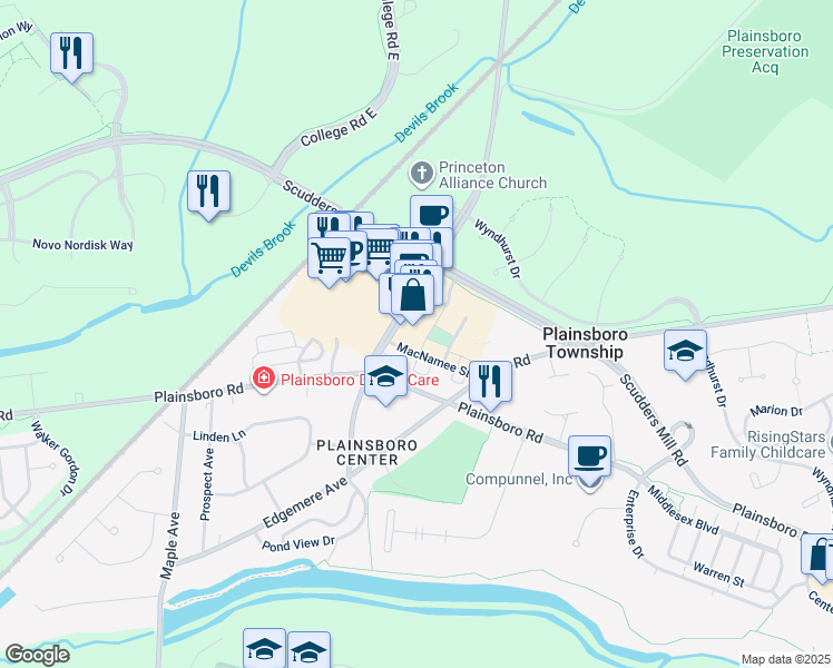 map of restaurants, bars, coffee shops, grocery stores, and more near 11 Market Square South in Plainsboro Center