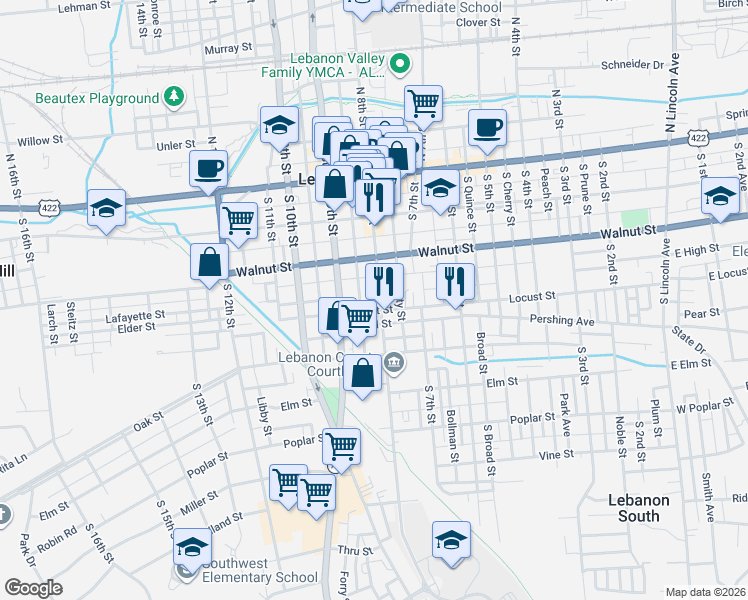 map of restaurants, bars, coffee shops, grocery stores, and more near 811 Locust Street in Lebanon