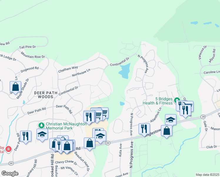 map of restaurants, bars, coffee shops, grocery stores, and more near 2400 Newtown Drive in Harrisburg