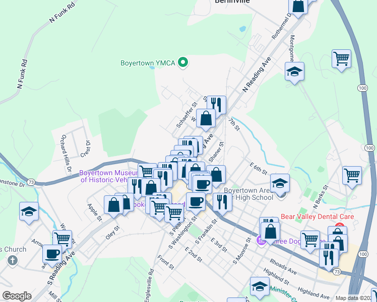 map of restaurants, bars, coffee shops, grocery stores, and more near 60 North Reading Avenue in Boyertown