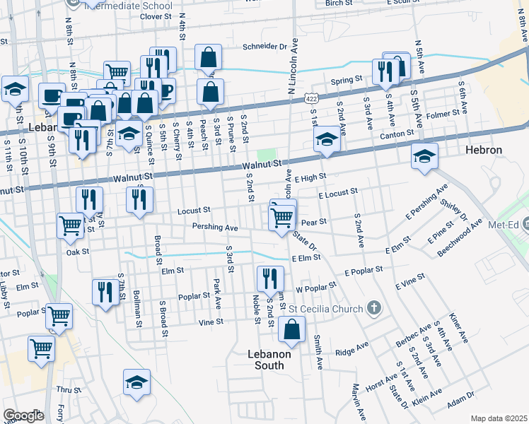 map of restaurants, bars, coffee shops, grocery stores, and more near 319 South 1st Street in Lebanon