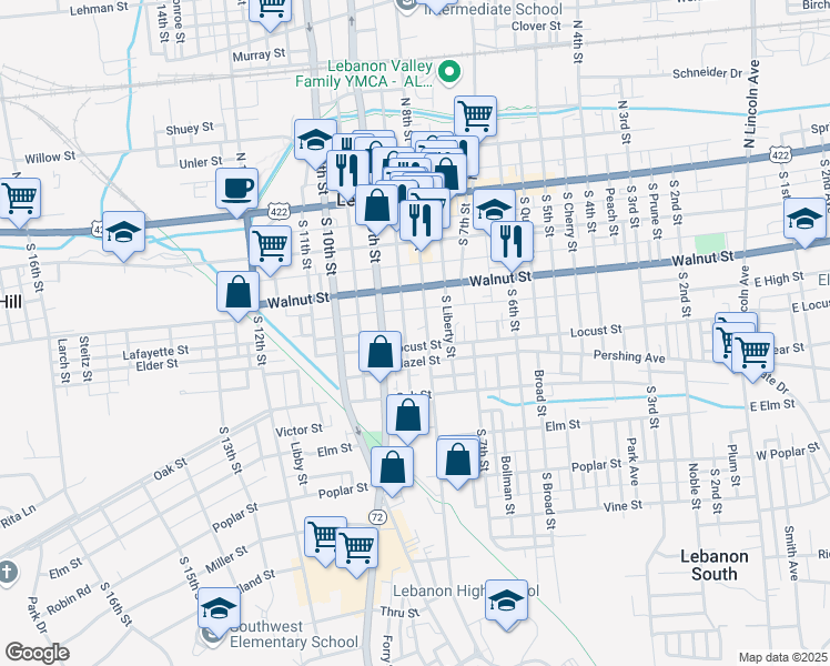 map of restaurants, bars, coffee shops, grocery stores, and more near 811 Locust Street in Lebanon