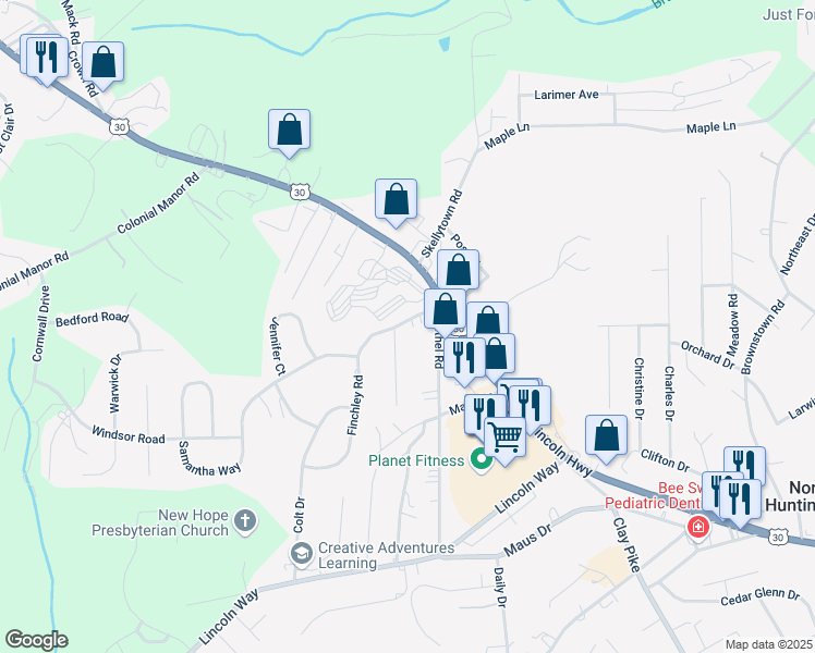 map of restaurants, bars, coffee shops, grocery stores, and more near 30 Bethel Road in Irwin