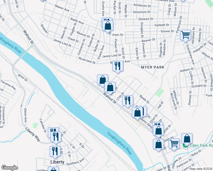 map of restaurants, bars, coffee shops, grocery stores, and more near 2417 Walnut Street in McKeesport