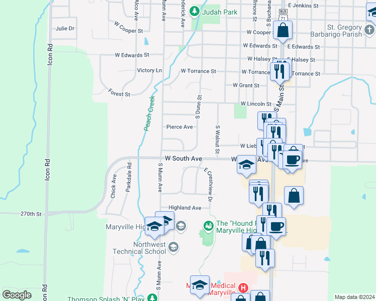 map of restaurants, bars, coffee shops, grocery stores, and more near 1012 South Dunn Street in Maryville