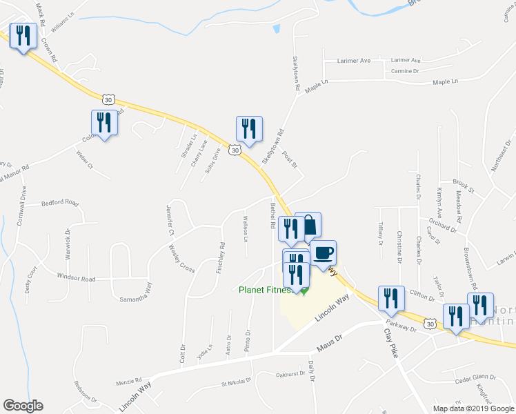 map of restaurants, bars, coffee shops, grocery stores, and more near 79 Wallace Lane in Irwin
