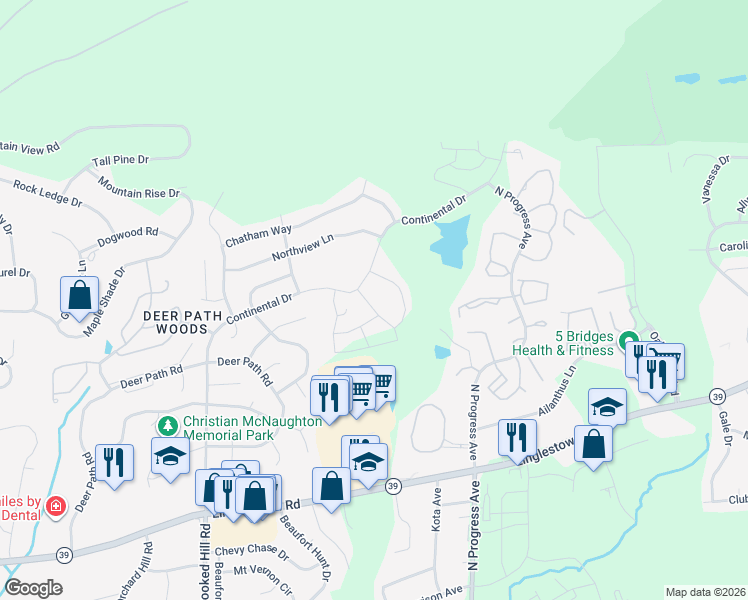 map of restaurants, bars, coffee shops, grocery stores, and more near 4631 Hamlin Lane in Harrisburg