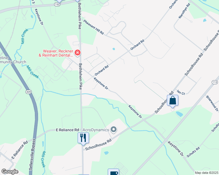 map of restaurants, bars, coffee shops, grocery stores, and more near 529 Keystone Drive in Sellersville