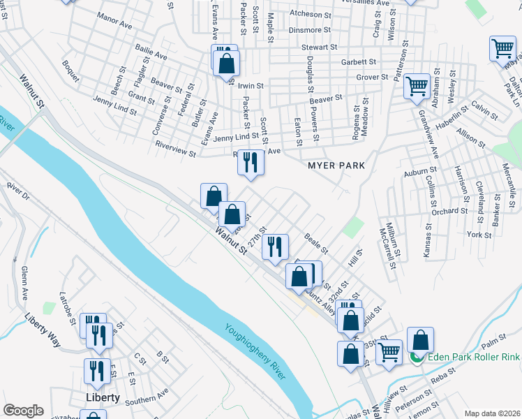 map of restaurants, bars, coffee shops, grocery stores, and more near 415 27th Street in McKeesport