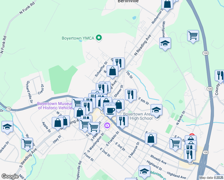 map of restaurants, bars, coffee shops, grocery stores, and more near 60 North Reading Avenue in Boyertown