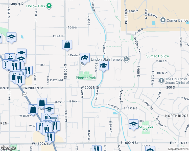 map of restaurants, bars, coffee shops, grocery stores, and more near 126 South 630 East in Lindon