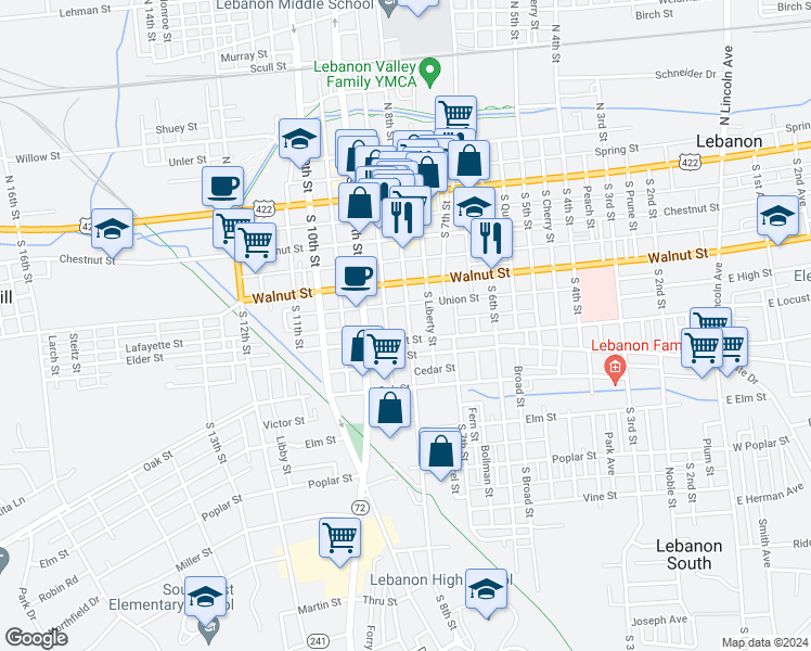 map of restaurants, bars, coffee shops, grocery stores, and more near 243 South 8th Street in Lebanon