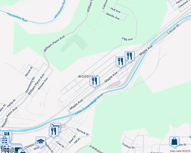 map of restaurants, bars, coffee shops, grocery stores, and more near 300 Dellwood Street in Johnstown