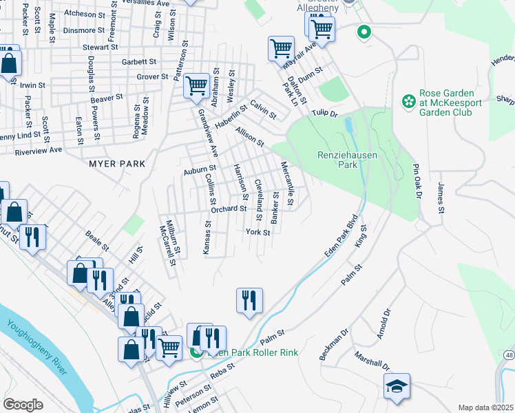 map of restaurants, bars, coffee shops, grocery stores, and more near 2518 Cleveland Street in McKeesport