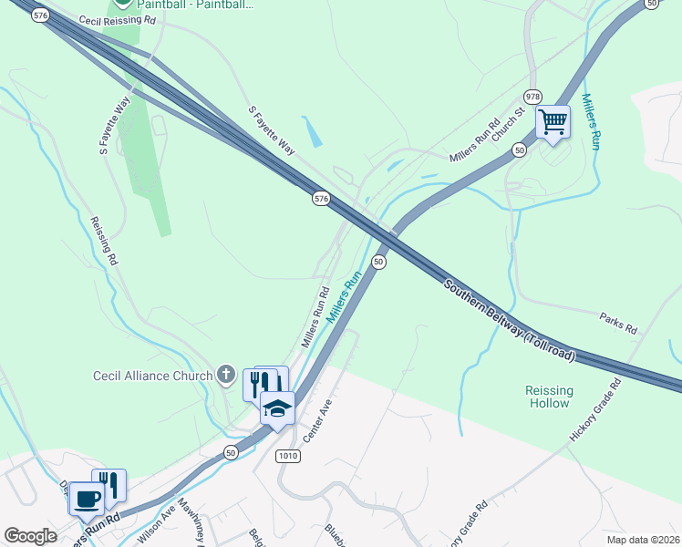 map of restaurants, bars, coffee shops, grocery stores, and more near 802 Millers Run Road in Allegheny County