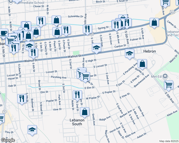 map of restaurants, bars, coffee shops, grocery stores, and more near 27 Hoke Avenue in Lebanon