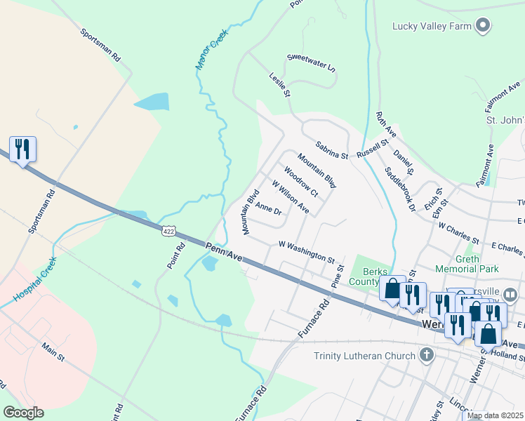 map of restaurants, bars, coffee shops, grocery stores, and more near 640 Anne Drive in Wernersville