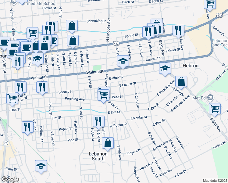 map of restaurants, bars, coffee shops, grocery stores, and more near 27 Hoke Avenue in Lebanon