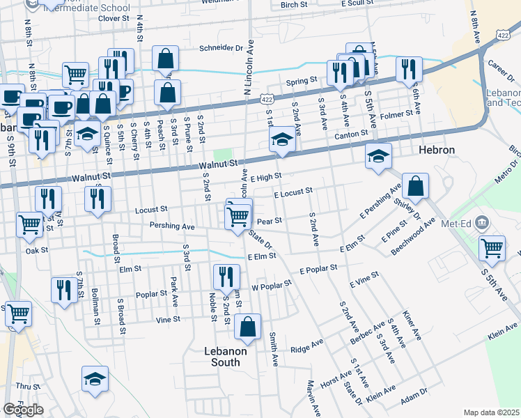 map of restaurants, bars, coffee shops, grocery stores, and more near 25 Hoke Avenue in Lebanon