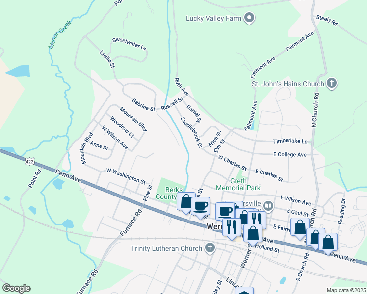 map of restaurants, bars, coffee shops, grocery stores, and more near 301 Pine Street in Wernersville