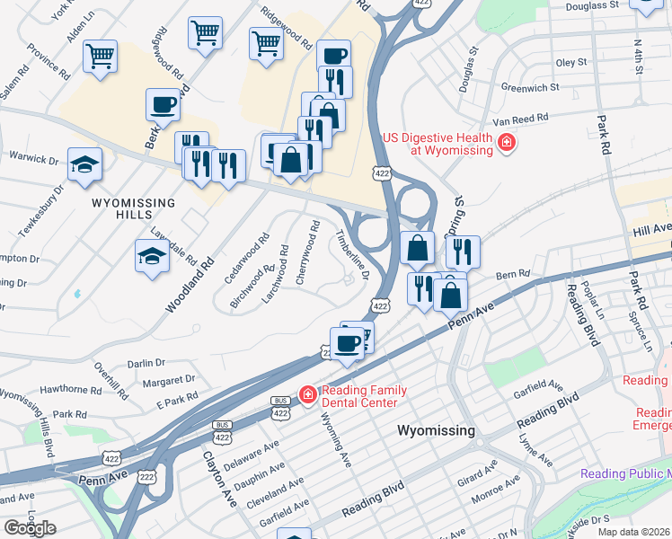 map of restaurants, bars, coffee shops, grocery stores, and more near 154 Leisure Court in Wyomissing