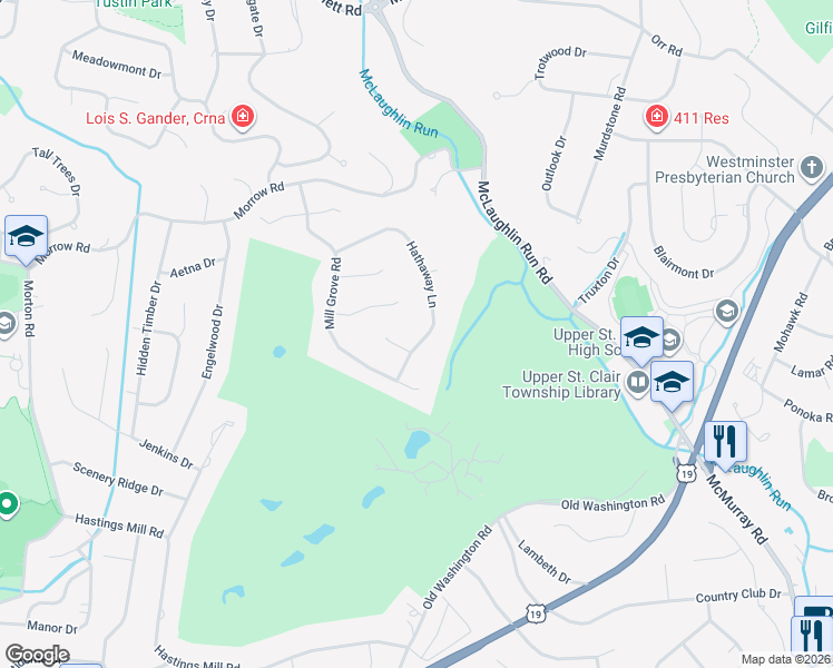 map of restaurants, bars, coffee shops, grocery stores, and more near 1747 Hathaway Lane in Upper Saint Clair