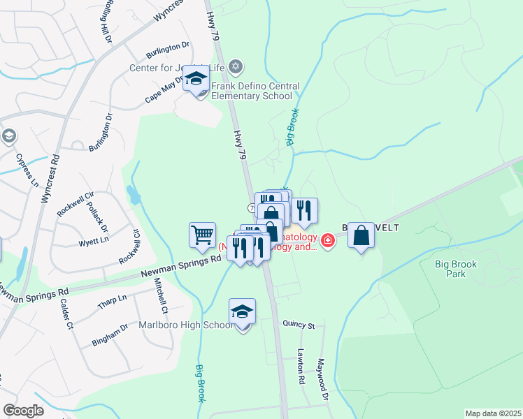 map of restaurants, bars, coffee shops, grocery stores, and more near 460 County Road 520 in Marlboro