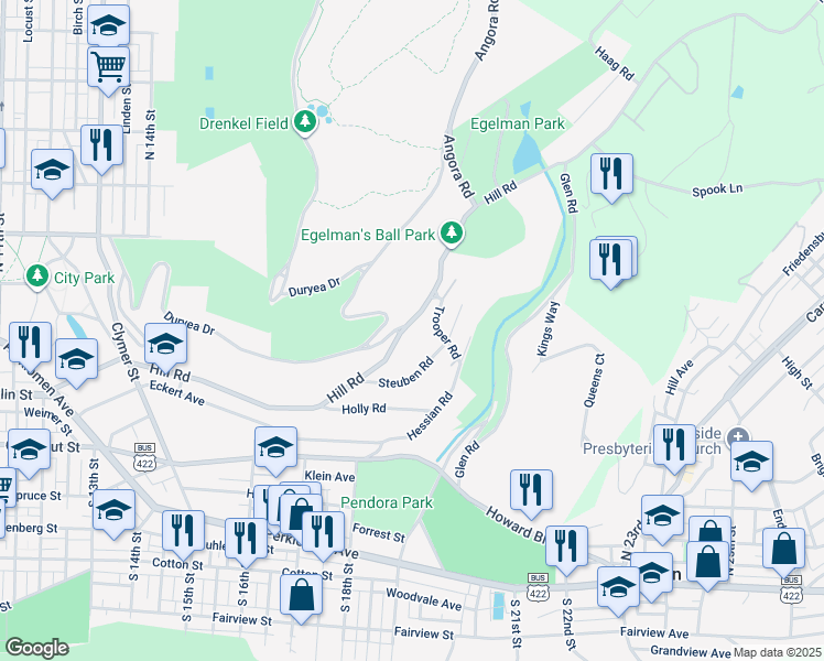 map of restaurants, bars, coffee shops, grocery stores, and more near 1834 Hill Road in Reading