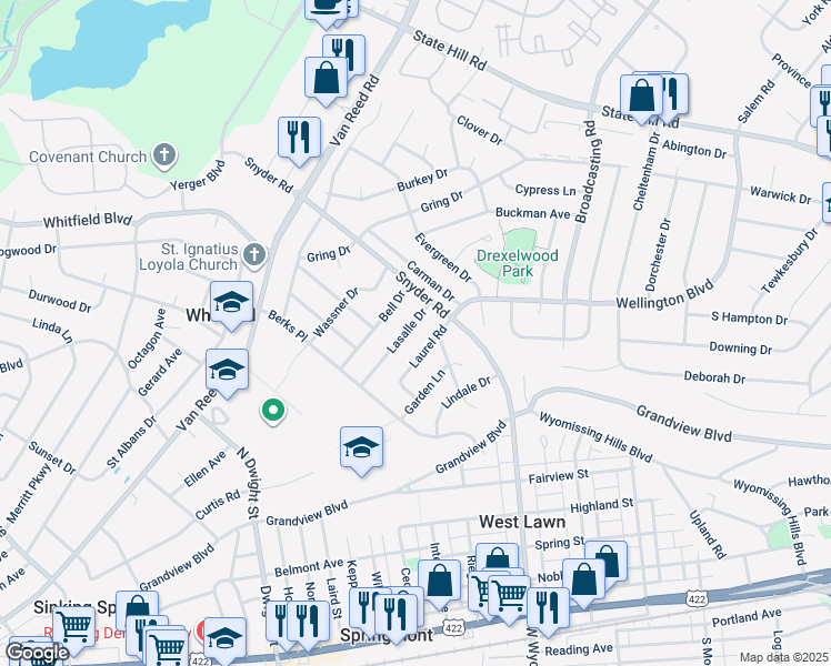 map of restaurants, bars, coffee shops, grocery stores, and more near 2314 Lasalle Drive in Reading