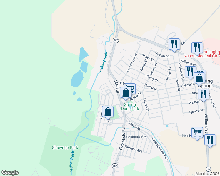 map of restaurants, bars, coffee shops, grocery stores, and more near 326-28 Locust Street in Roaring Spring
