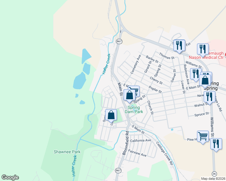 map of restaurants, bars, coffee shops, grocery stores, and more near 326-28 Locust Street in Roaring Spring