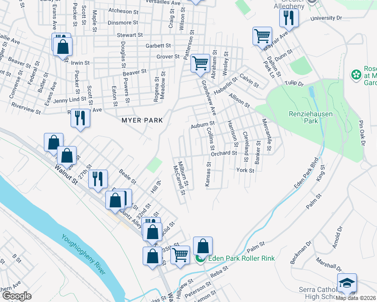 map of restaurants, bars, coffee shops, grocery stores, and more near 3300 Orchard Street in McKeesport