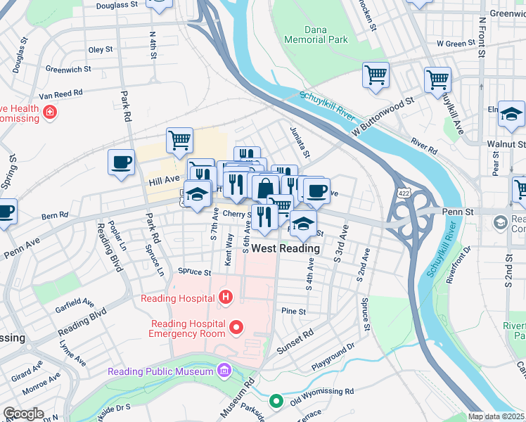 map of restaurants, bars, coffee shops, grocery stores, and more near 541 Franklin Street in West Reading