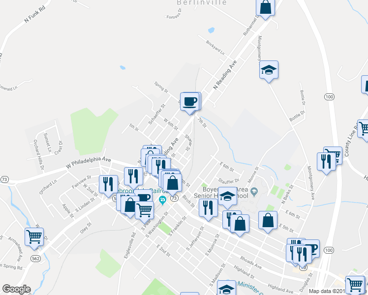 map of restaurants, bars, coffee shops, grocery stores, and more near 233 Shaner Street in Boyertown