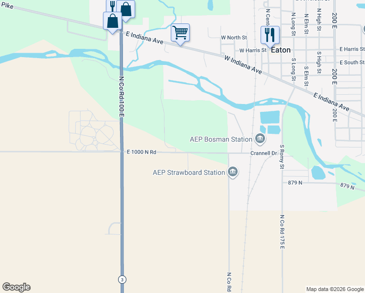 map of restaurants, bars, coffee shops, grocery stores, and more near 2120 East 1000 North Road in Eaton